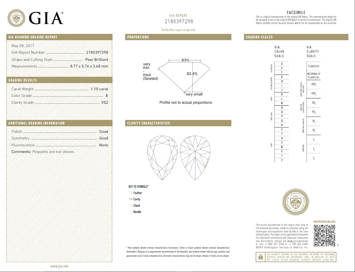 1.10 Carat Loose E / VS2 Pear Shaped Cut Diamond GIA Certified