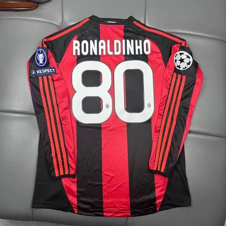 2010 - 2011 AC Milan Home - RONALDINHO 80 Print - Champions Leauge - Retro Jersey - Long Sleeve
