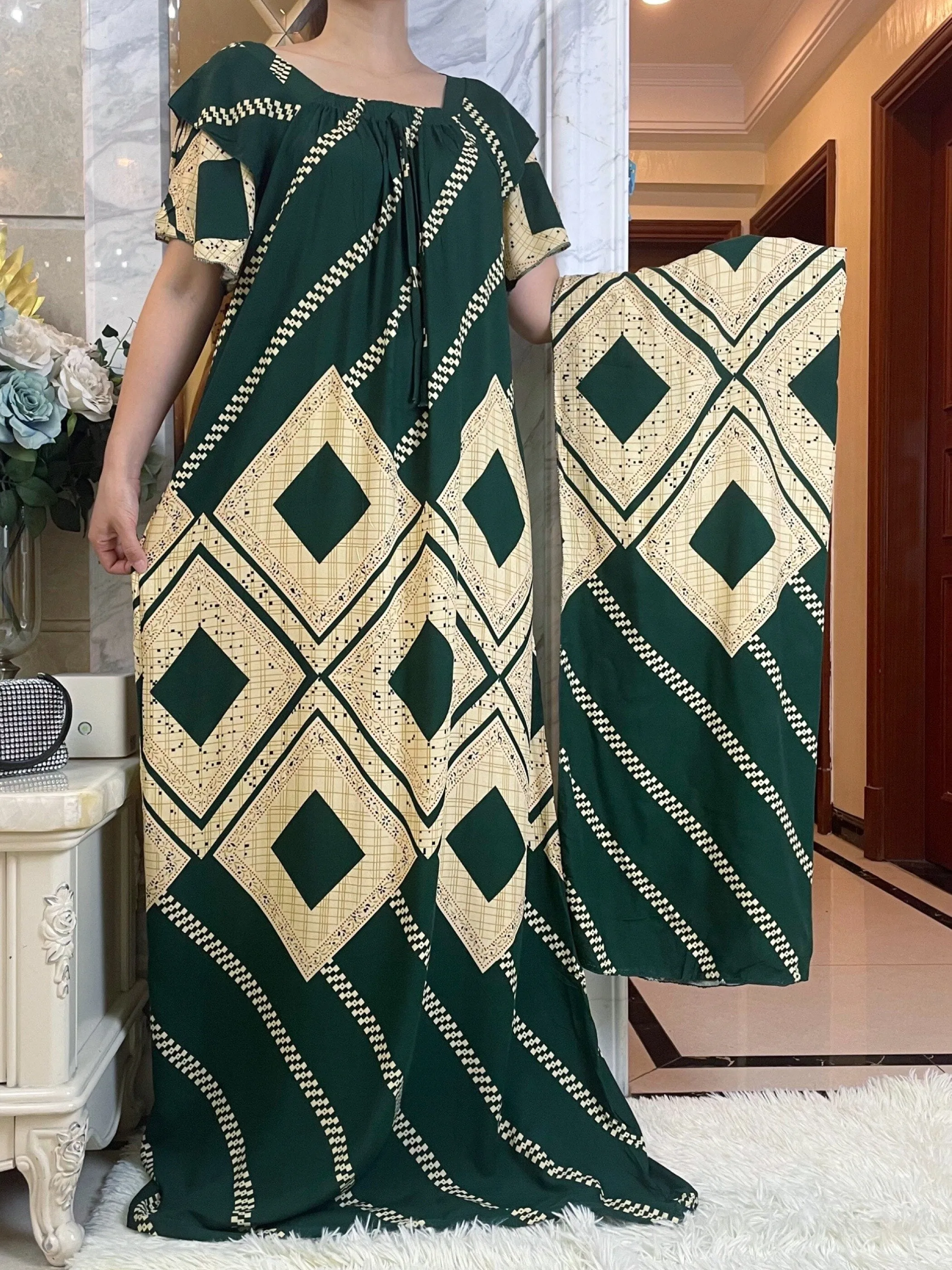 2023 Style Summer Short Sleeve Dresses With Big Scarf  Floral  Boubou Maxi Islam Women Dress African Abaya Clothes
