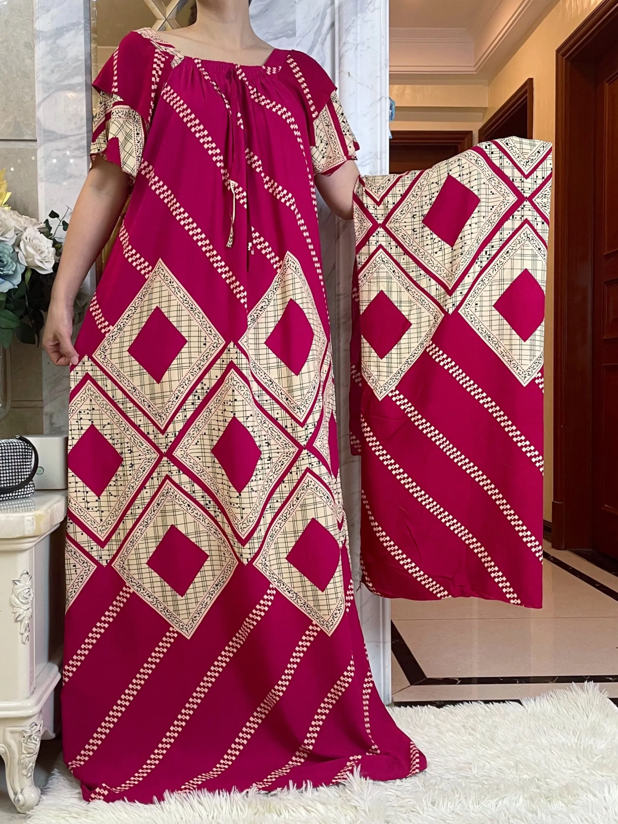 2023 Style Summer Short Sleeve Dresses With Big Scarf  Floral  Boubou Maxi Islam Women Dress African Abaya Clothes