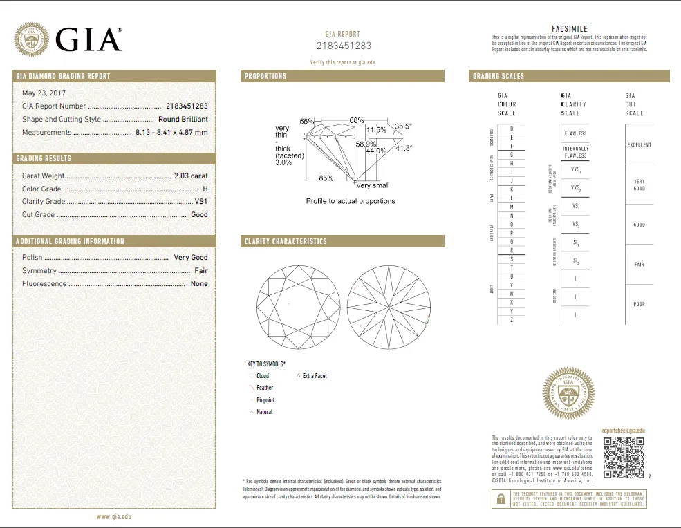 2.03 Carat Loose H / VS1 Round Brilliant Cut Diamond GIA Certified