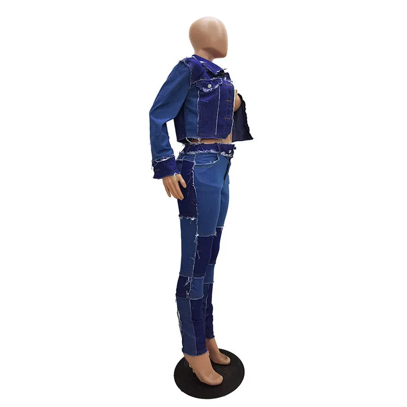 30 Pieces) Retro Color Blocking Patchwork Top And Jeans Two Piece Set