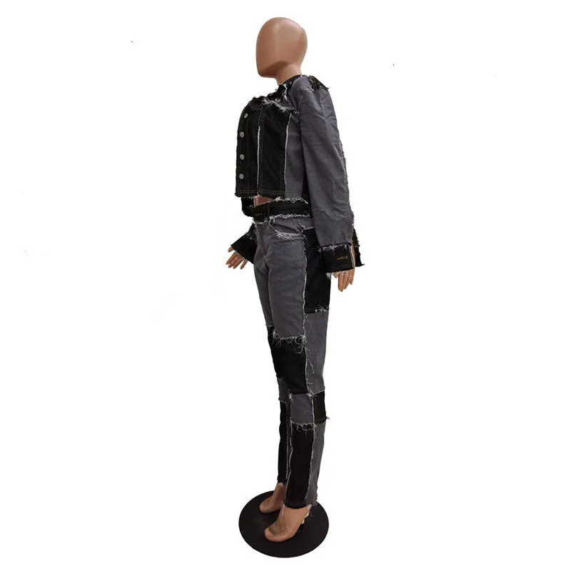 30 Pieces) Retro Color Blocking Patchwork Top And Jeans Two Piece Set