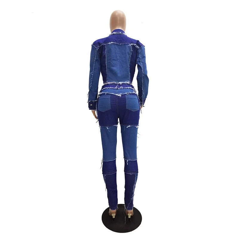 30 Pieces) Retro Color Blocking Patchwork Top And Jeans Two Piece Set