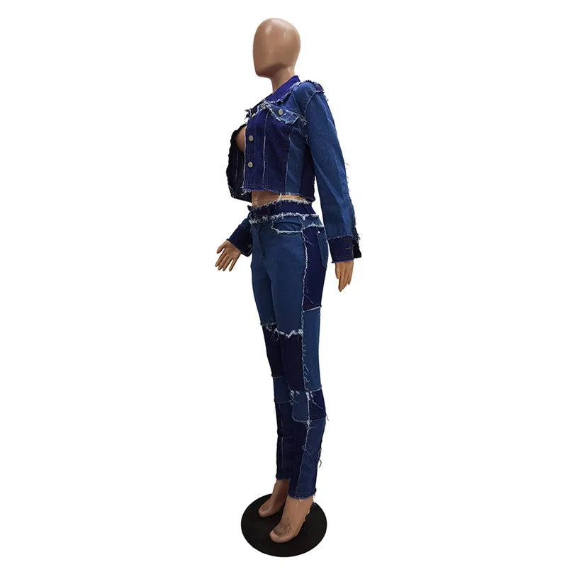 30 Pieces) Retro Color Blocking Patchwork Top And Jeans Two Piece Set