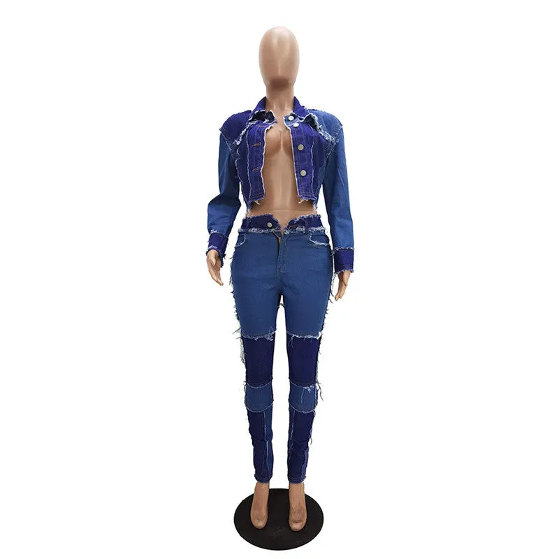 30 Pieces) Retro Color Blocking Patchwork Top And Jeans Two Piece Set