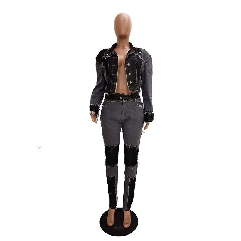30 Pieces) Retro Color Blocking Patchwork Top And Jeans Two Piece Set