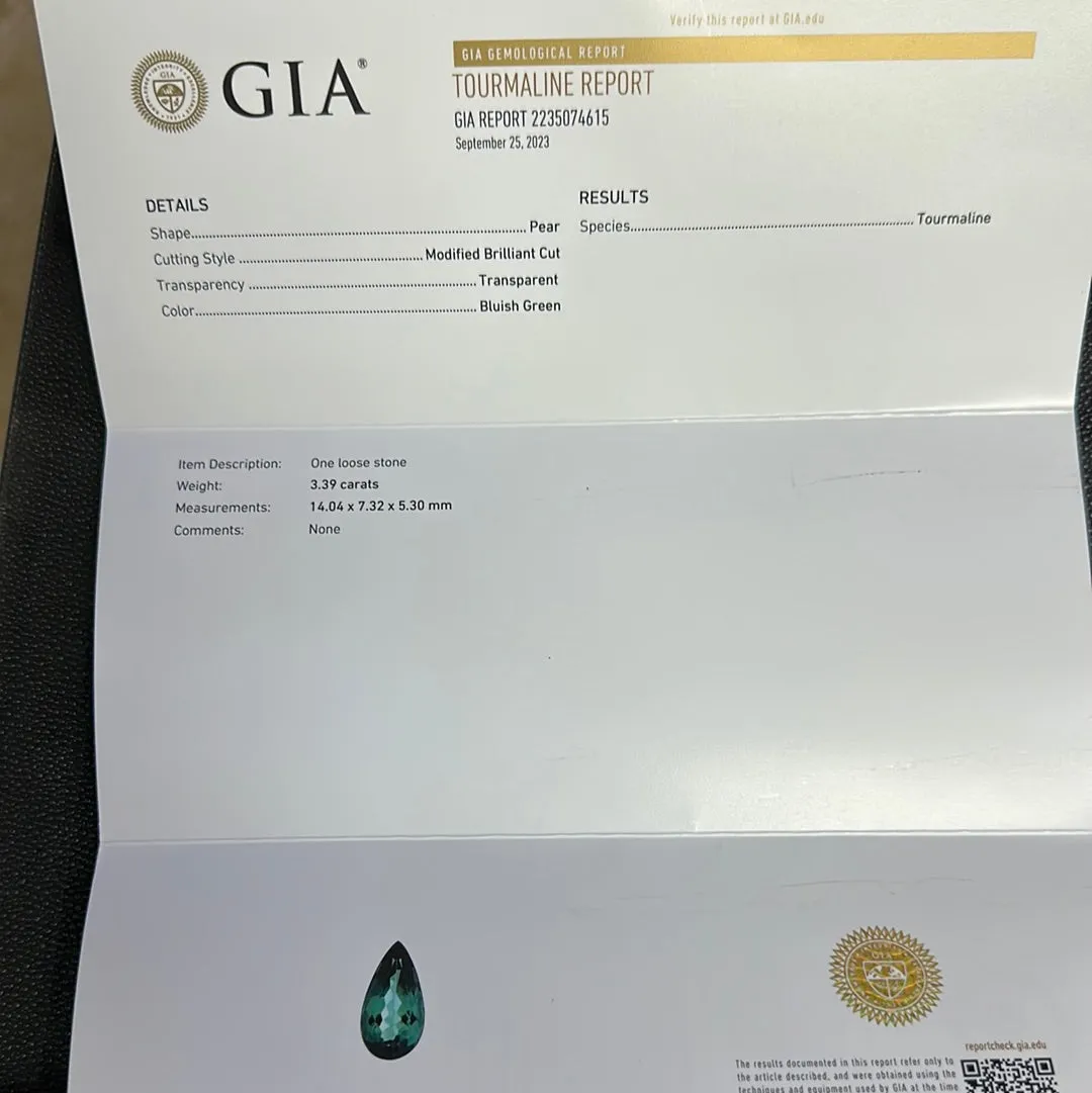 3.39 CT TOURMALINE BLUISH GREEN PEAR TRANSPARENT GIA