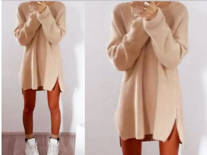 6 Colors Autumn Winter Knitting Sweater Dress Women Sweater Dress Loose Casual Zipper Dress Long Sleeve Mini Vestidos GV388