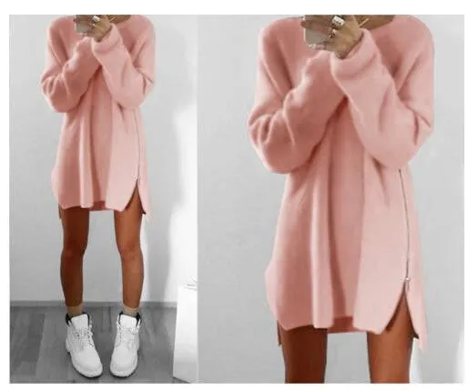 6 Colors Autumn Winter Knitting Sweater Dress Women Sweater Dress Loose Casual Zipper Dress Long Sleeve Mini Vestidos GV388