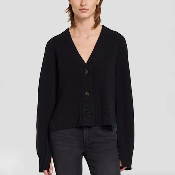 7 FOR ALL MANKIND Black Ribbed Dolman Sleeve Cropped Cardigan Sweater
