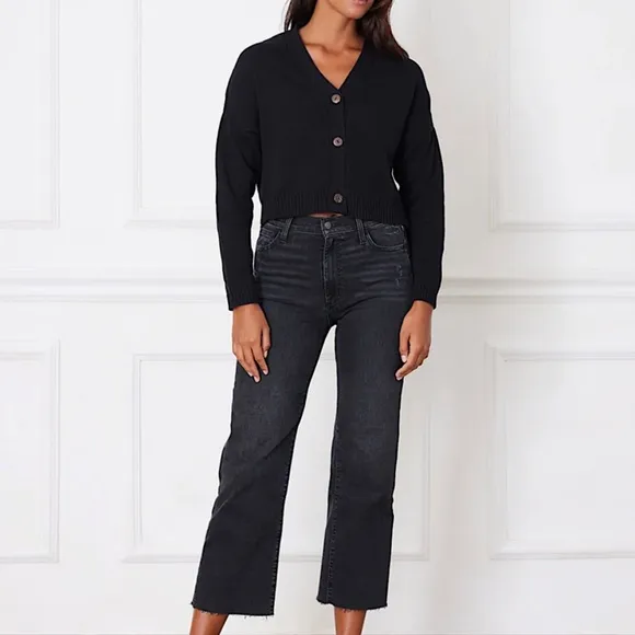 7 FOR ALL MANKIND Black Ribbed Dolman Sleeve Cropped Cardigan Sweater