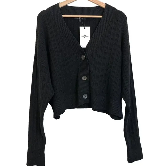 7 FOR ALL MANKIND Black Ribbed Dolman Sleeve Cropped Cardigan Sweater