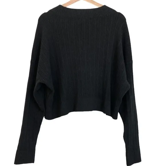 7 FOR ALL MANKIND Black Ribbed Dolman Sleeve Cropped Cardigan Sweater