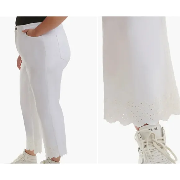 7 For All Mankind JEN7 Jeans‎ Women White 14W Eyelet Hem Mid Rise Crop Wide Leg