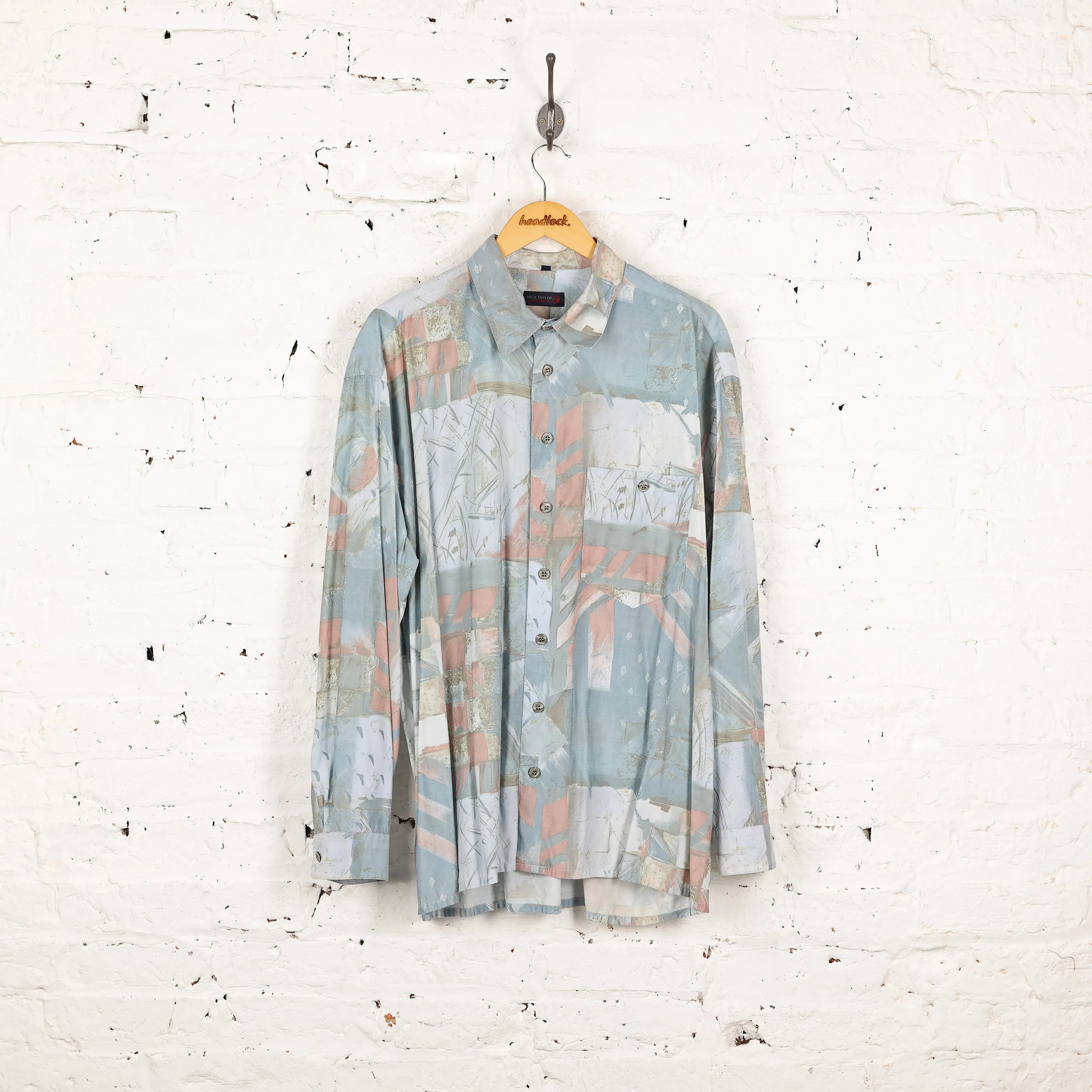 90s Long Sleeve Pattern Shirt - Blue - XXL