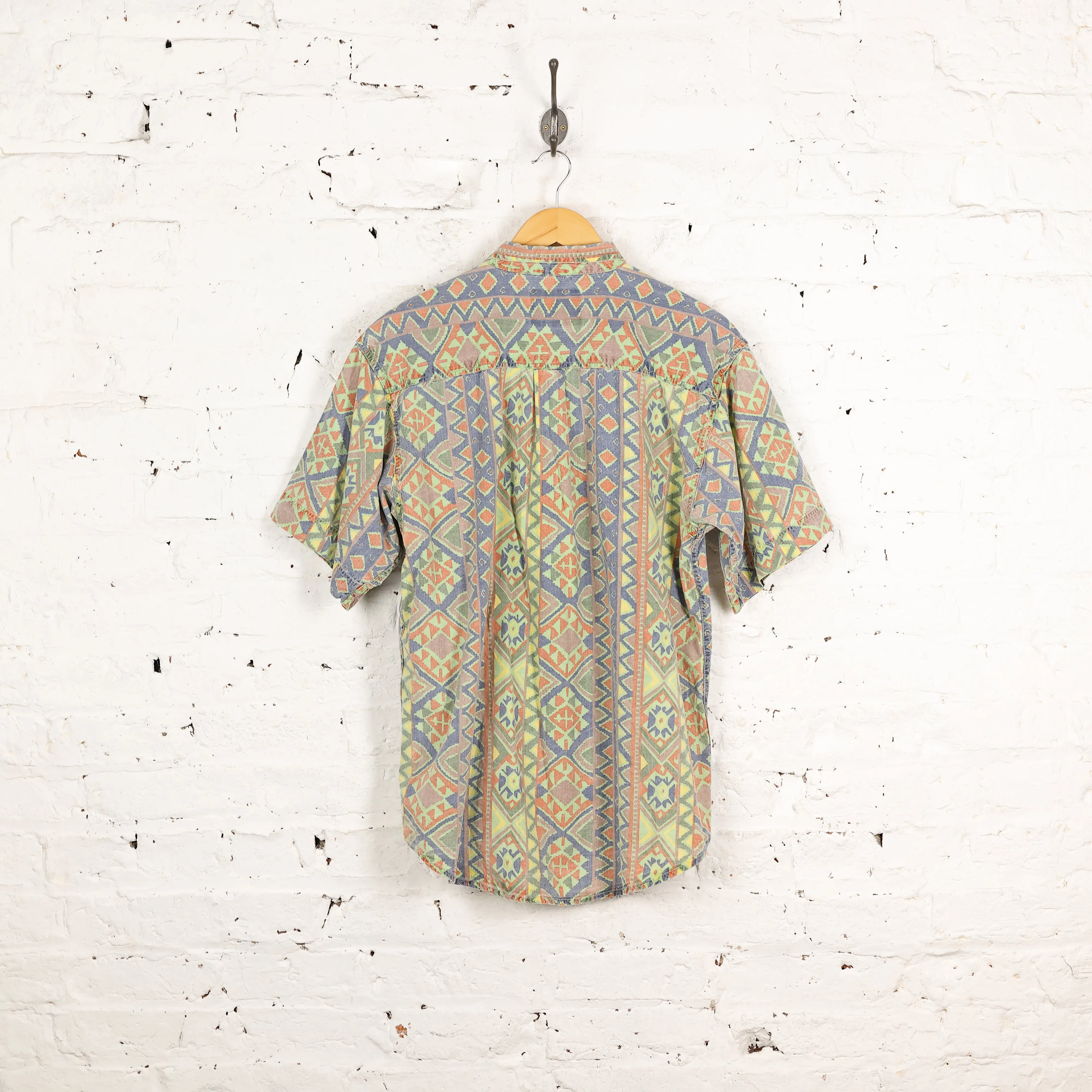 90s Short Sleeve Pattern Shirt - Green - M