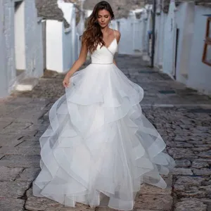 A-Line/Princess Tulle Lace V-neck Sleeveless Sweep/Brush Train Wedding Dresses