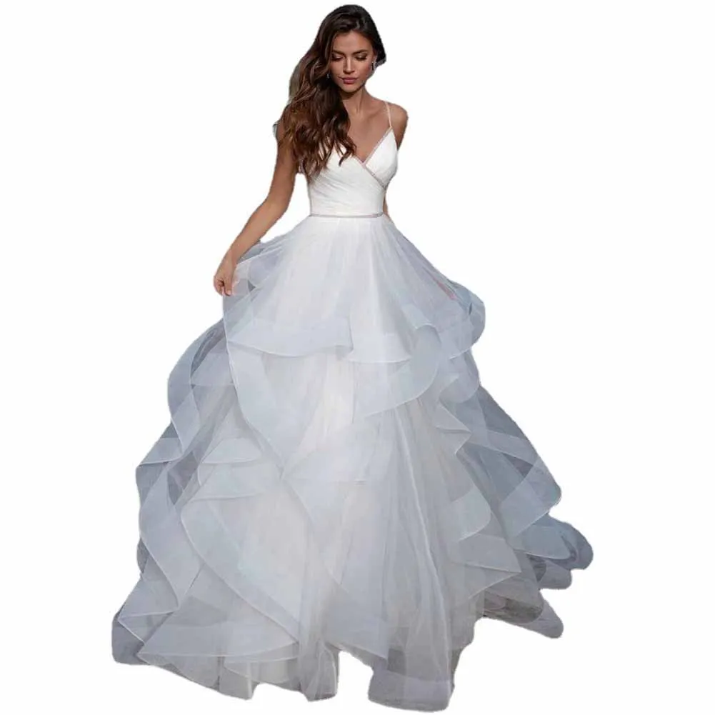 A-Line/Princess Tulle Lace V-neck Sleeveless Sweep/Brush Train Wedding Dresses