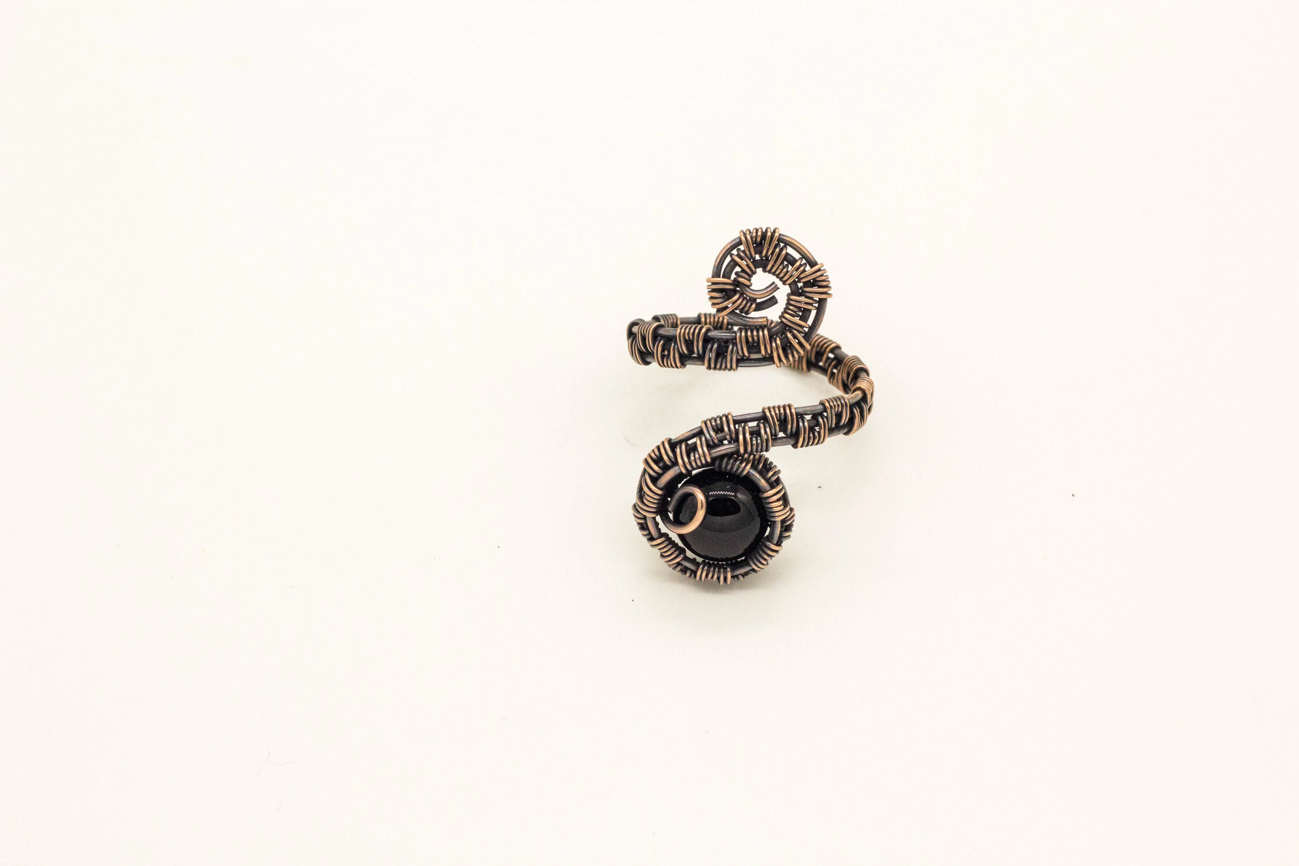 Adjustable Copper Ring with Black Fused Glass Accent