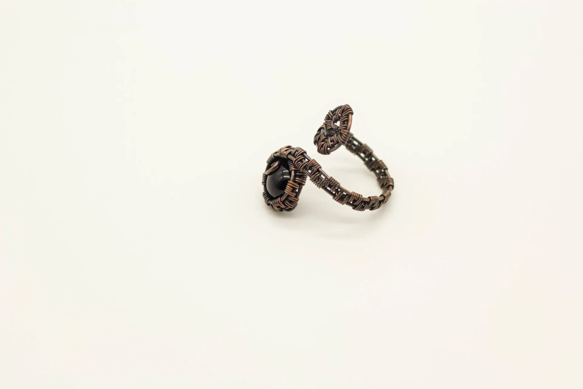 Adjustable Copper Ring with Black Fused Glass Accent