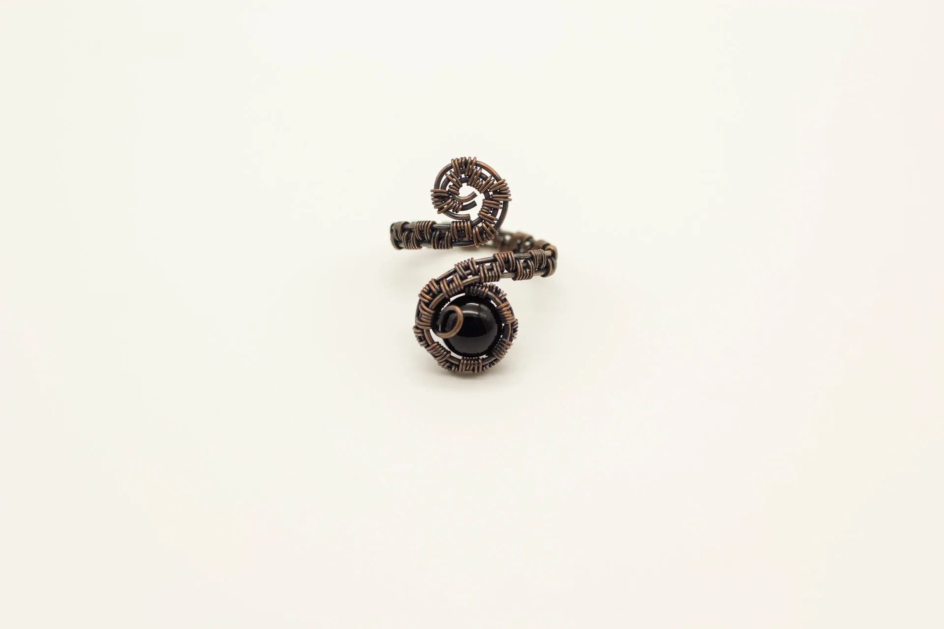 Adjustable Copper Ring with Black Fused Glass Accent