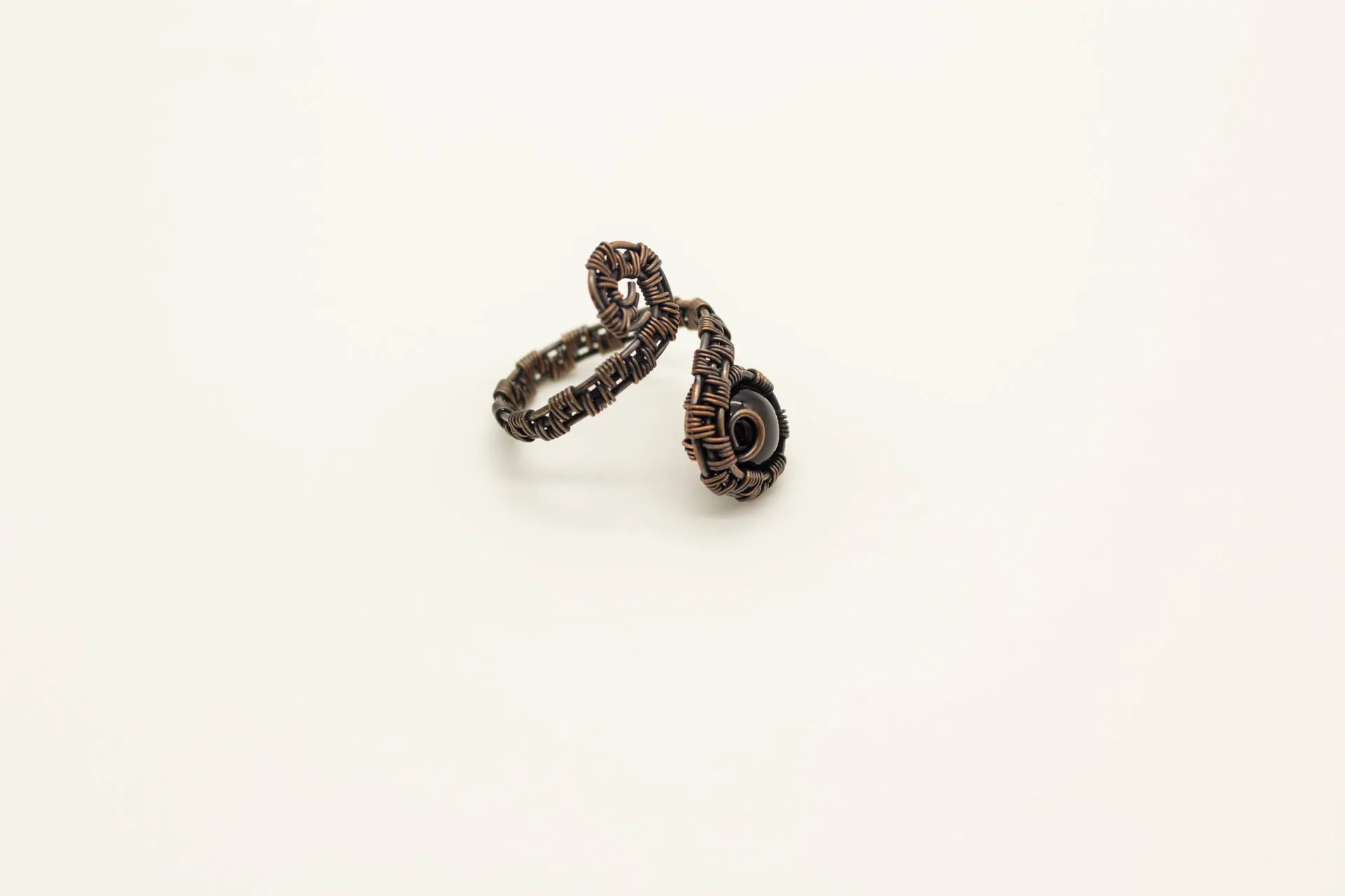 Adjustable Copper Ring with Black Fused Glass Accent