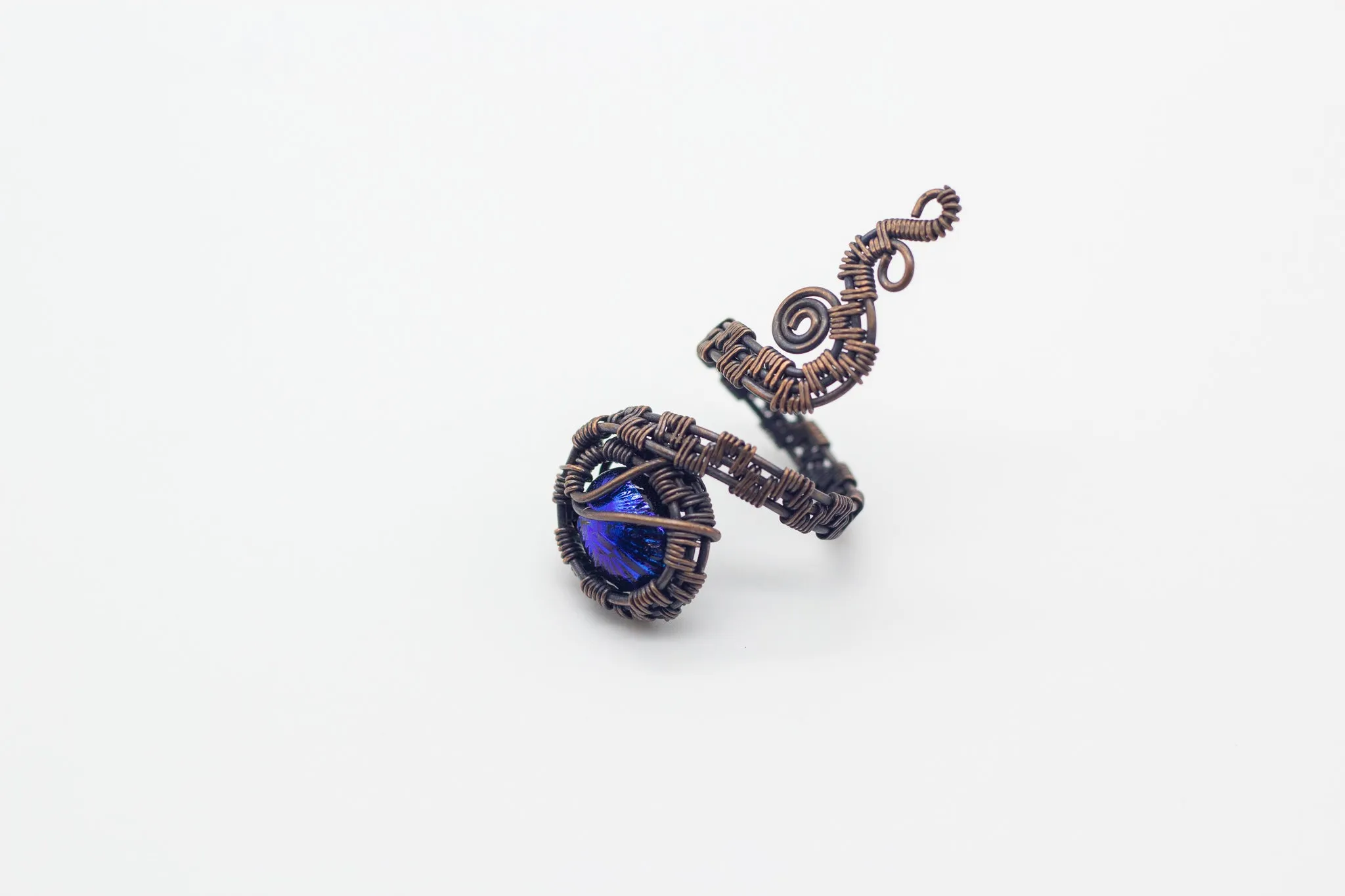 Adjustable Copper Ring with Dichroic Blue Fused Glass Accent