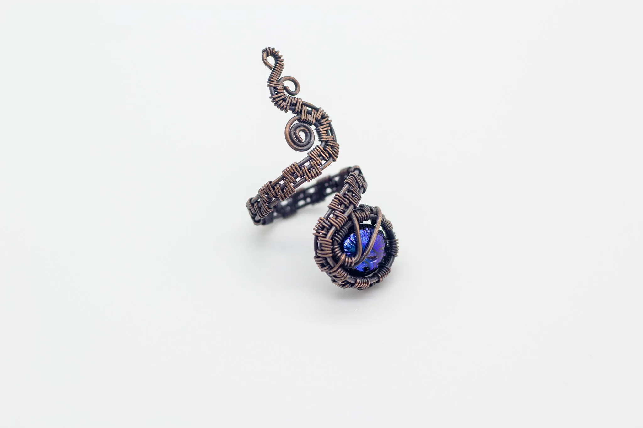 Adjustable Copper Ring with Dichroic Blue Fused Glass Accent