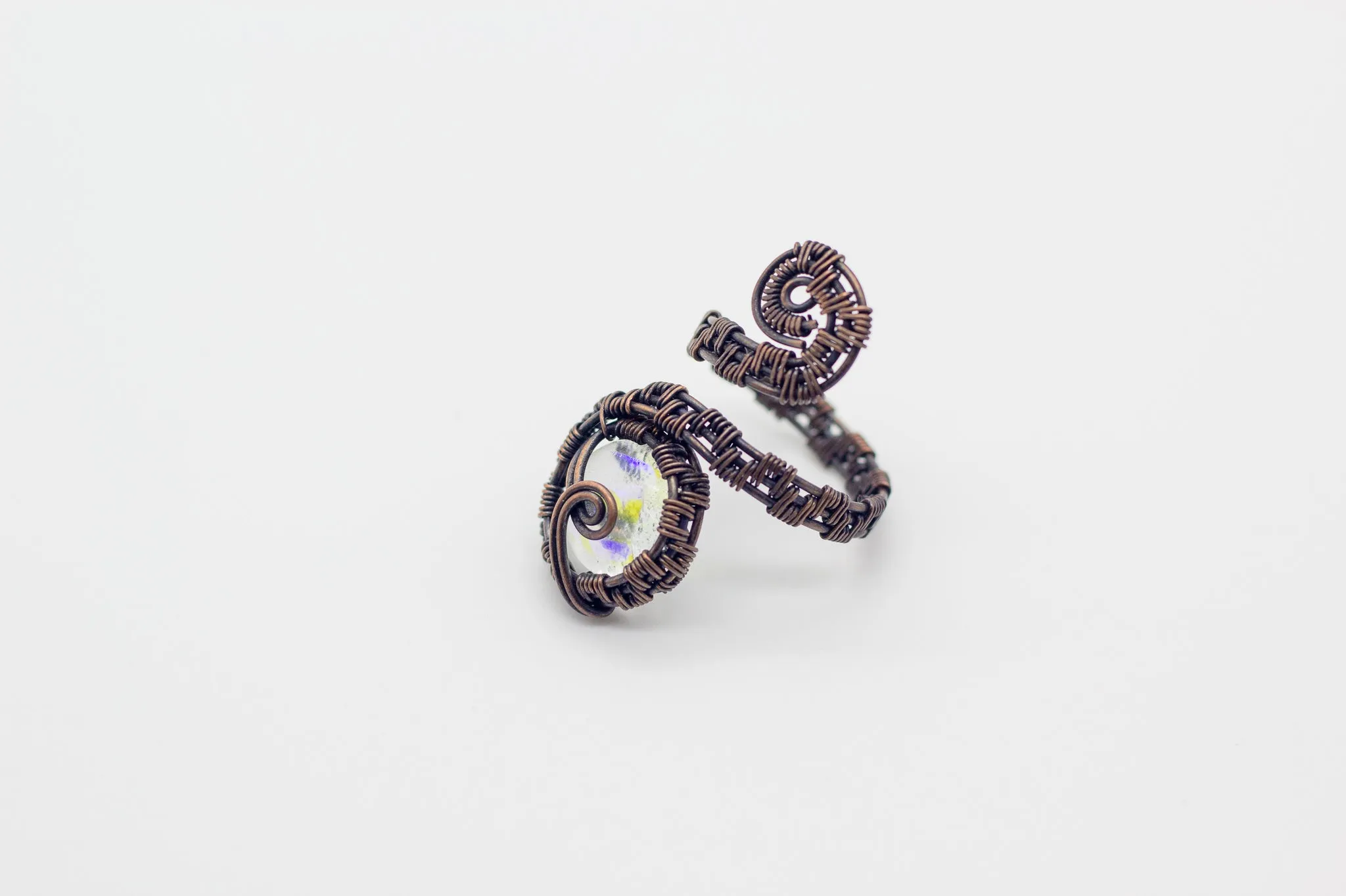 Adjustable Copper Ring with Iridescent Clear Fused Glass Accent