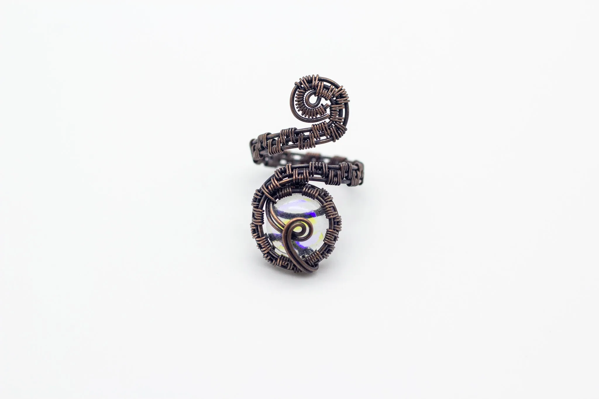 Adjustable Copper Ring with Iridescent Clear Fused Glass Accent