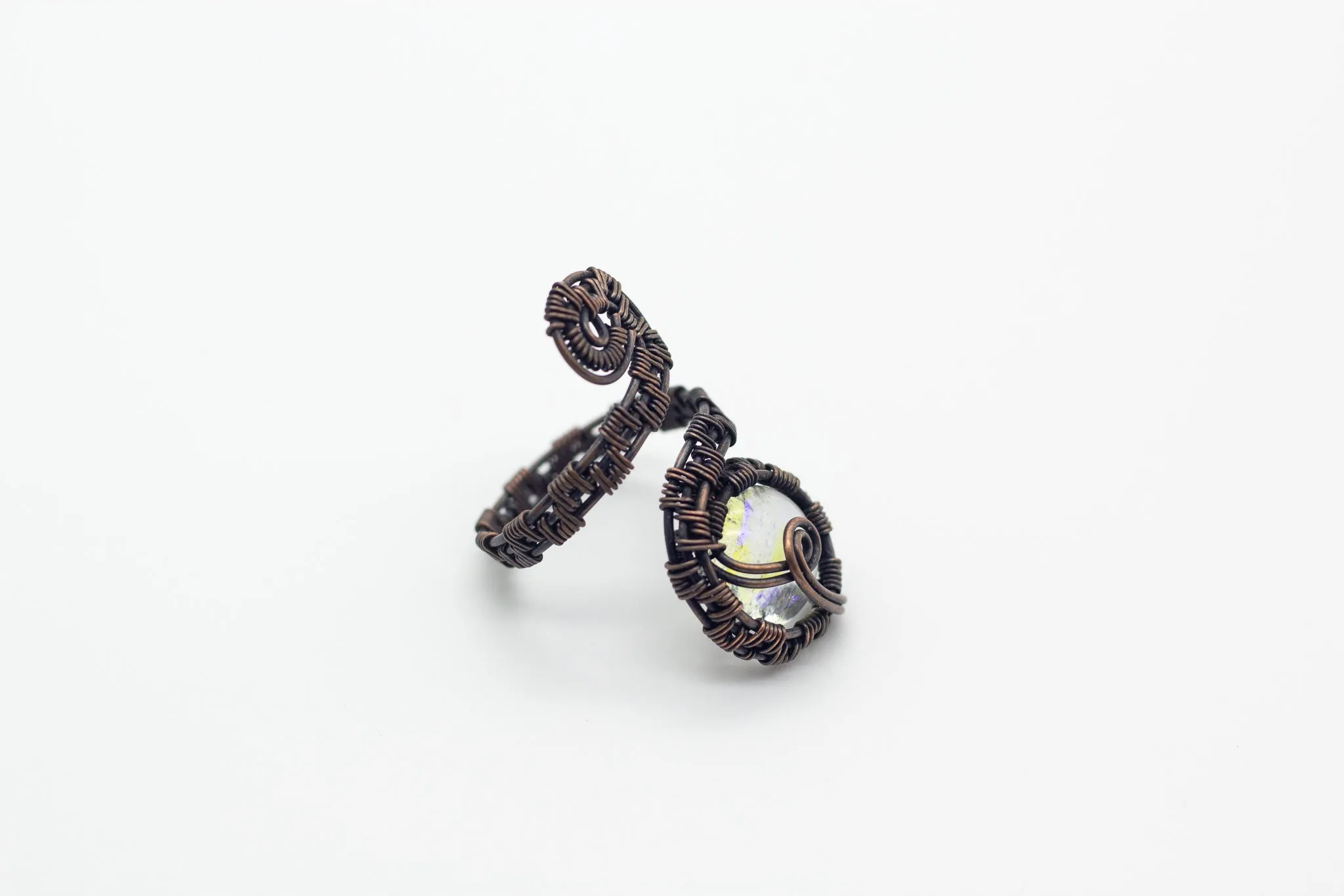 Adjustable Copper Ring with Iridescent Clear Fused Glass Accent