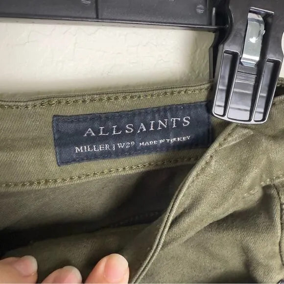 All Saints Green Miller Mid-Rise Coated Skinny Jeans W29