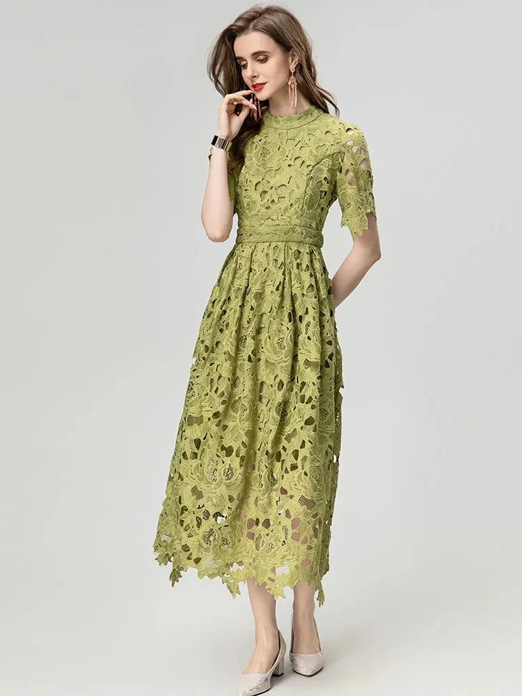 Asha  Stand Collar Short Sleeve Hollow Out Water-Soluble Flower Dress