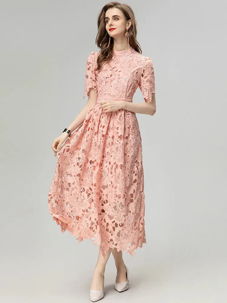 Asha  Stand Collar Short Sleeve Hollow Out Water-Soluble Flower Dress