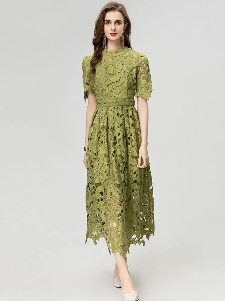 Asha  Stand Collar Short Sleeve Hollow Out Water-Soluble Flower Dress