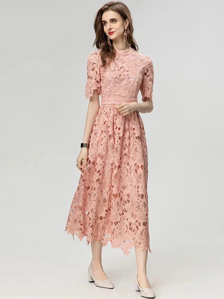 Asha  Stand Collar Short Sleeve Hollow Out Water-Soluble Flower Dress