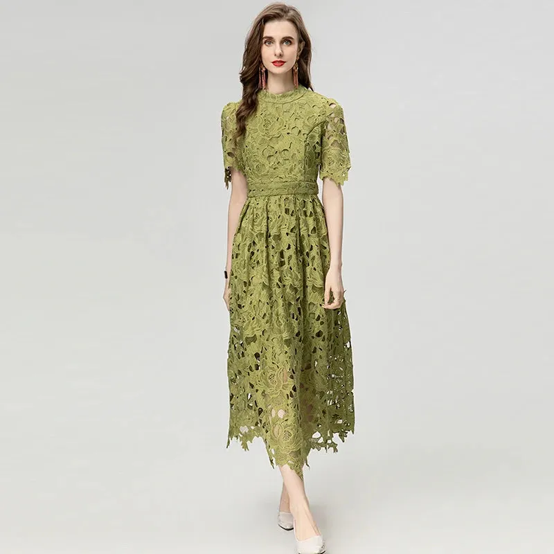 Asha  Stand Collar Short Sleeve Hollow Out Water-Soluble Flower Dress