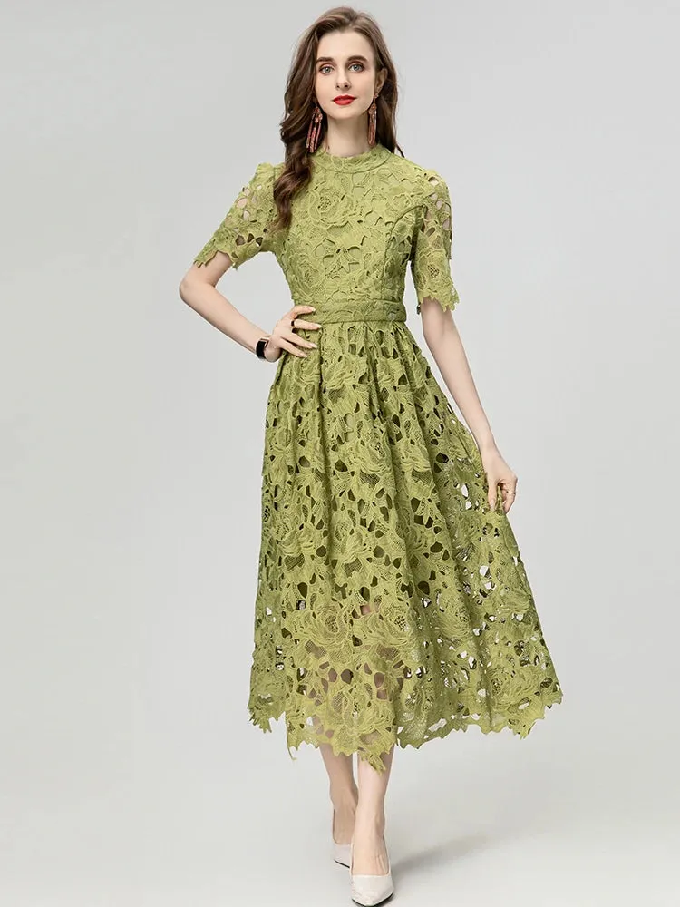 Asha  Stand Collar Short Sleeve Hollow Out Water-Soluble Flower Dress
