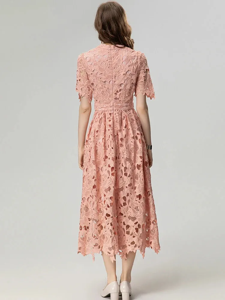 Asha  Stand Collar Short Sleeve Hollow Out Water-Soluble Flower Dress