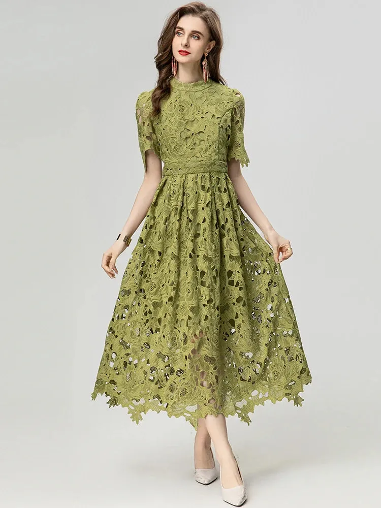 Asha  Stand Collar Short Sleeve Hollow Out Water-Soluble Flower Dress