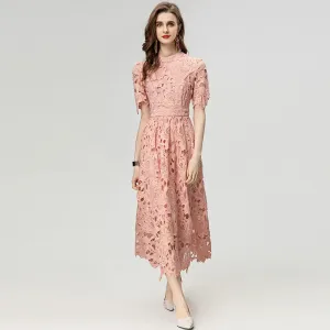 Asha  Stand Collar Short Sleeve Hollow Out Water-Soluble Flower Dress