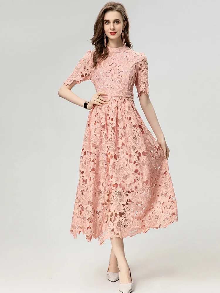 Asha  Stand Collar Short Sleeve Hollow Out Water-Soluble Flower Dress