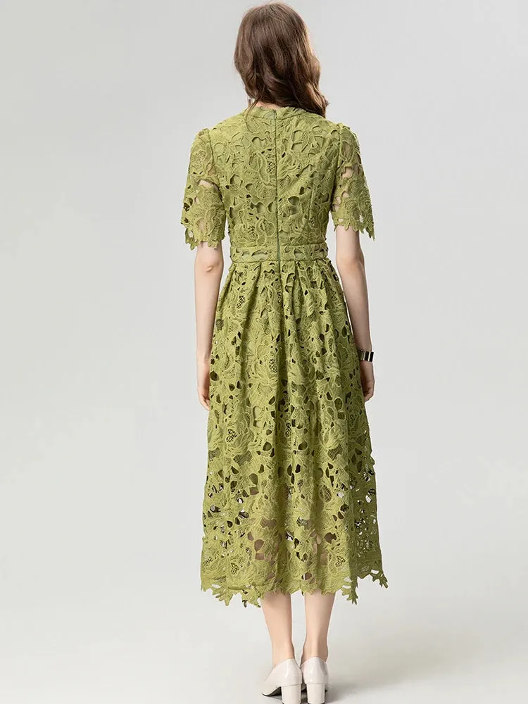 Asha  Stand Collar Short Sleeve Hollow Out Water-Soluble Flower Dress