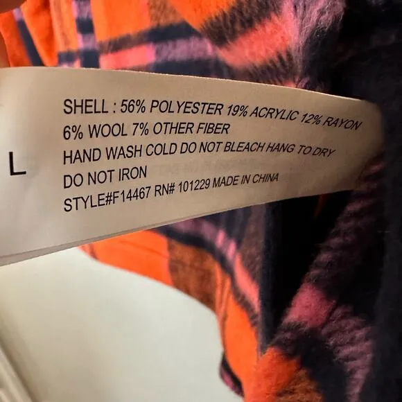 Ashley Women's Orange Black Plaid Long Sleeve Button Down Shirts Size Large NWT
