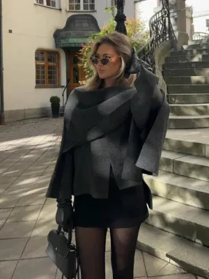 Asymmetrical Wrap Coat | Wool Blend | Scarf Detail & Draped Fit