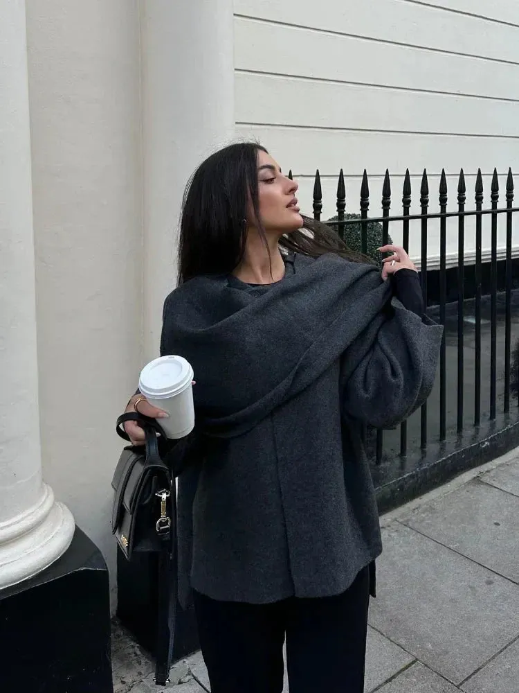 Asymmetrical Wrap Coat | Wool Blend | Scarf Detail & Draped Fit