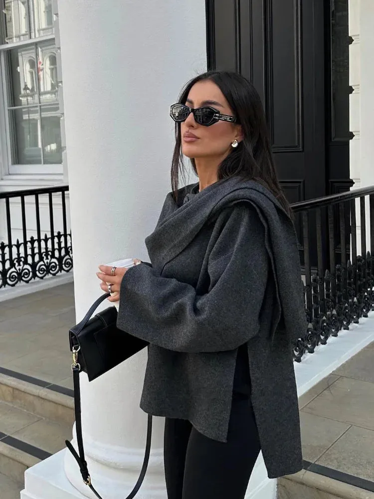 Asymmetrical Wrap Coat | Wool Blend | Scarf Detail & Draped Fit