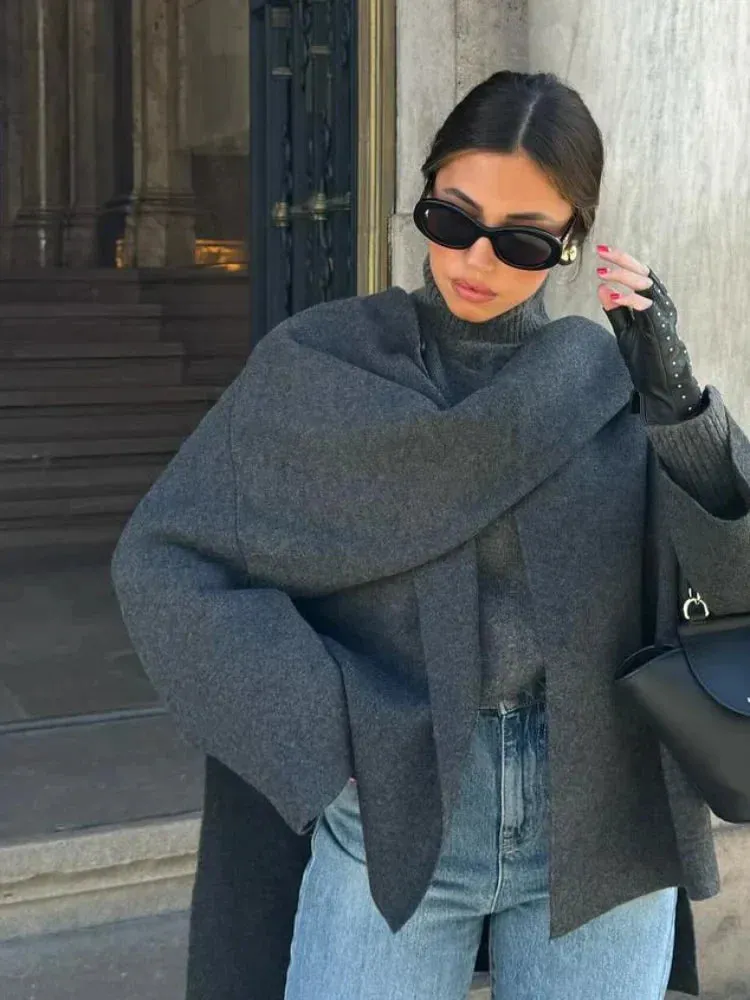 Asymmetrical Wrap Coat | Wool Blend | Scarf Detail & Draped Fit