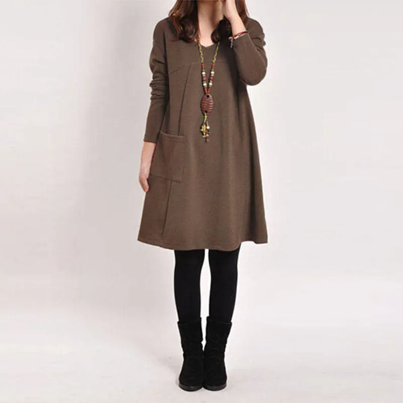 Autumn Winter Long Blusas Women Long Sleeve Pocket Dress Solid O Neck Casual Loose Dresses Vestidos Plus Size S-5XL
